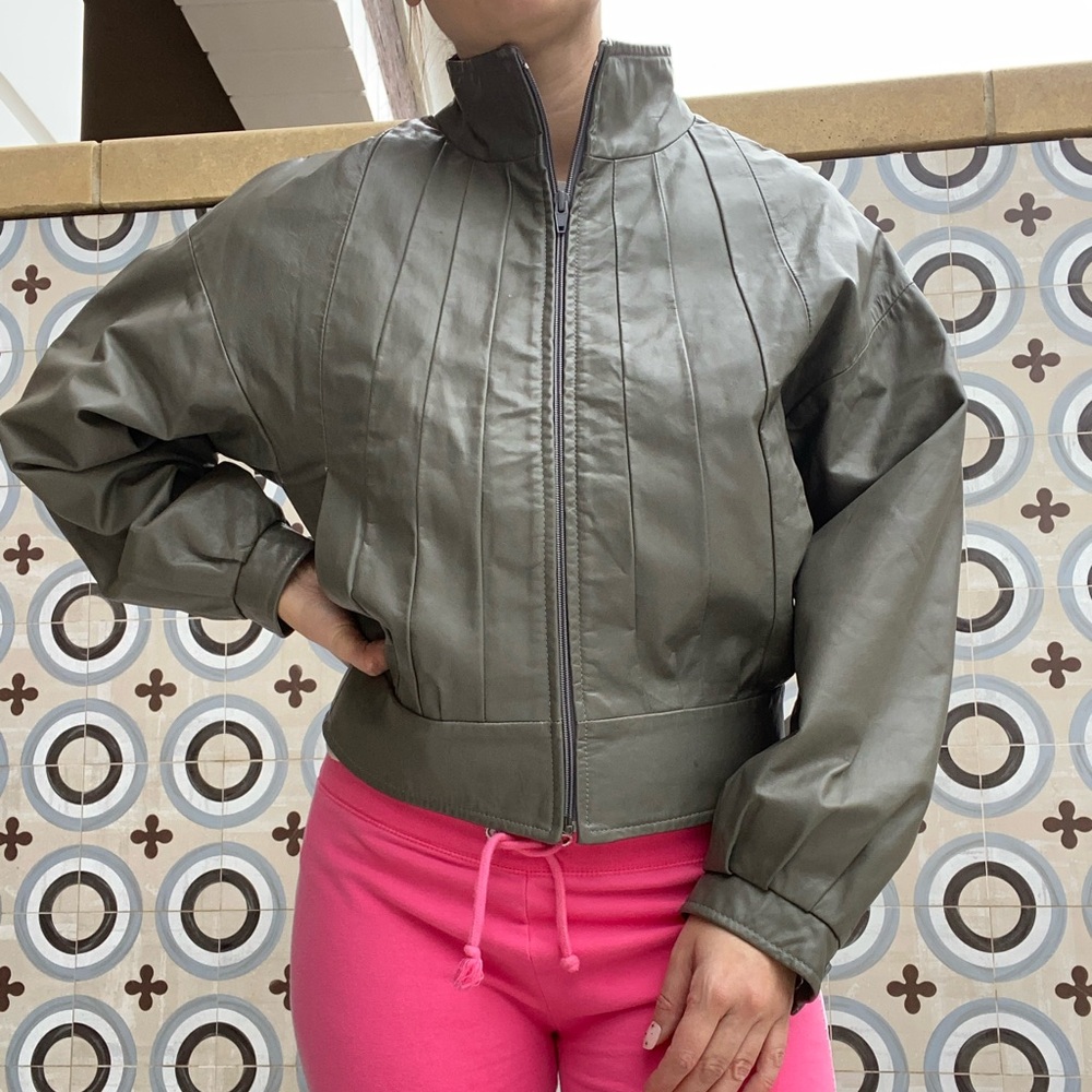Vintage 80s Grey Leather Bomber Jacket